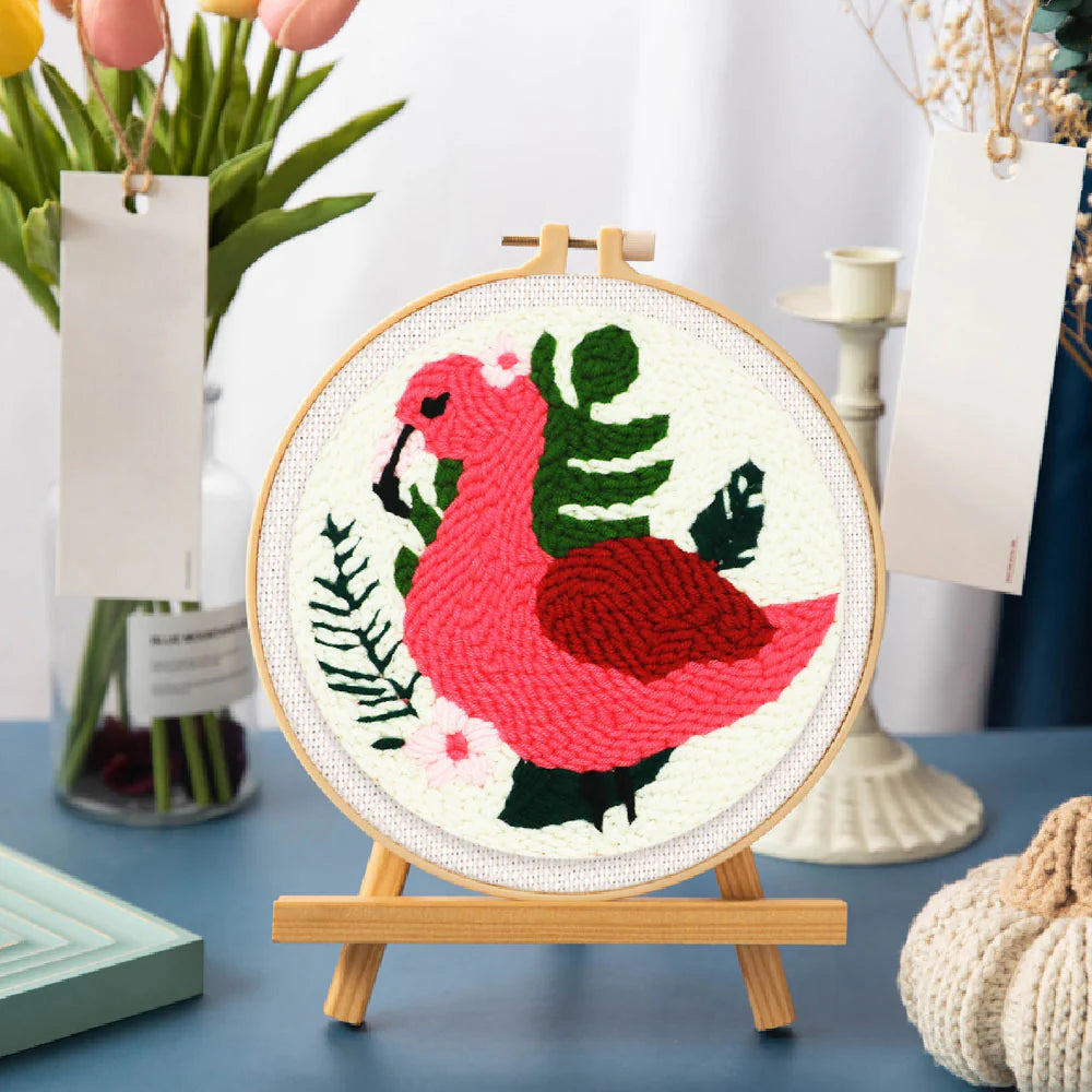 Punch Needle Flamingo en gebladerte