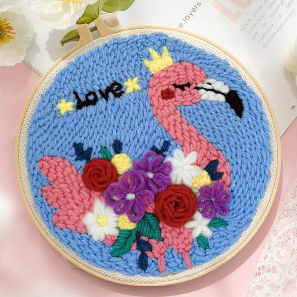 Punch Naald Roze flamingo en liefdesbloemen